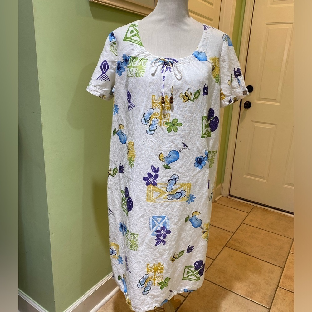 Vintage Orchadia Casuals Women's Hawaiian White Linen Blend Dress Size L
